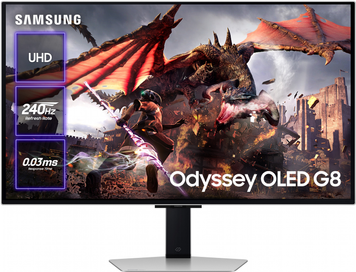 Монітор Samsung 32" Odyssey G80SD (LS32DG800SZXUA) OLED Black Curved 240Hz, 3840&times;2160, 32", 240 Гц, OLED, OLED, Odyssey G8, 10 біт, 16:9, Кут нахилу 90 градусів; Регулювання кута нахилу; Регулювання висоти, Плаский, DisplayPort, 2&times;HDMI, USB Hub, 100&times;100, Матове, 0.03 мс