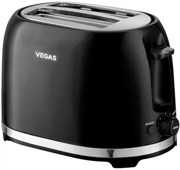 Тостер Vegas VET-2002B 950W Black, 2 тости, 850 Вт, Підсмажування, Підігрів, Розморожування, Піддон для крихт, 6 режимів підсмажування, Кнопка скасування