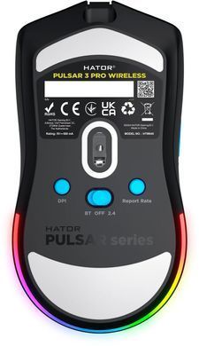 Миша бездротова Hator Pulsar 3 Pro Wireless Black (HTM640), Black, Ігрова, Бездротова, 5, USB; 2.4 ГГц; Bluetooth, 30000, Пластик, 123 &times; 68 &times; 38 мм, Симетричний, Оптичний