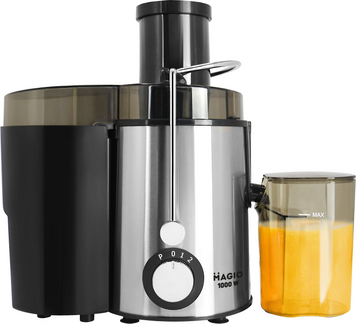 Соковижималка Magio МG-187 1000W Black/Silver, 0.55 л, 1000 Вт, Віджим соку, 2 швидкості, Прогумовані ніжки, Контейнер для макухи 1.5 л, Захист від перегрівання, Автоматичне блокування