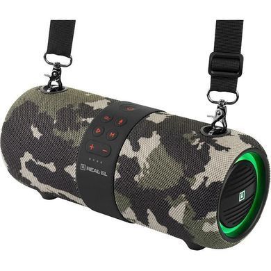 Акустична система REAL-EL X-733 Camo, Camouflage, Bluetooth, AUX, USB, Акумулятор, 24 Вт, Не заявлено, TWS, Вбудований мікрофон, Голосовий помічник, RGB-підсвічування, IPX6