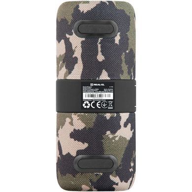 Акустична система REAL-EL X-733 Camo, Camouflage, Bluetooth, AUX, USB, Акумулятор, 24 Вт, Не заявлено, TWS, Вбудований мікрофон, Голосовий помічник, RGB-підсвічування, IPX6