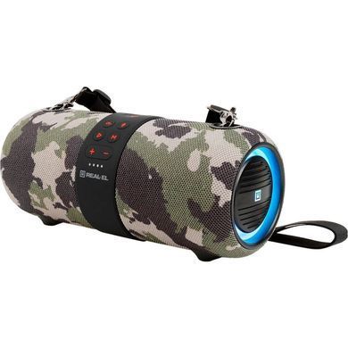 Акустична система REAL-EL X-733 Camo, Camouflage, Bluetooth, AUX, USB, Акумулятор, 24 Вт, Не заявлено, TWS, Вбудований мікрофон, Голосовий помічник, RGB-підсвічування, IPX6