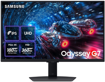 Монiтор Samsung 27" Odyssey G7 (LS27FG706EIXUA) IPS Black 360Hz, 3840&times;2160, 27", 360 Гц, IPS, W-LED, Odyssey G7, 10 біт, 16:9, Кут нахилу 90 градусів; Регулювання кута нахилу; Регулювання висоти, Плаский, DisplayPort, 3.5 мм audio, 2&times;HDMI, USB Hub, 100&times;100, Матове, 1 мс