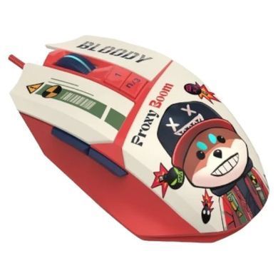 Миша Bloody W63 Max Proxy Boom, Red/White, Ігрова, Дротова, 9, USB, 12000, 1.80 м, Пластик, 126 &times; 74 &times; 43 мм, Ергономічний для правої руки, Оптичний