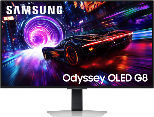 Монітор Samsung 32" Odyssey G8 G81SF (LS32FG812SIXUA) OLED Silver 240Hz, 3840&times;2160, 32", 240 Гц, OLED, OLED, Odyssey G8, 10 біт, 16:9, Кут нахилу 90 градусів; Регулювання кута нахилу; Регулювання висоти, Плаский, DisplayPort, 3.5 мм audio, 2&times;HDMI, USB Hub, 100&times;100, Матове, 0.03 мс
