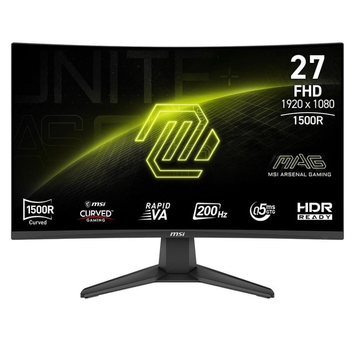 Монітор MSI 27" MAG 276CF E20 VA Black Curved 200Hz, 1920&times;1080, 27", 200 Гц, VA, W-LED, MAG, 10 біт, 16:9, Регулювання кута нахилу, Вигнутий, DisplayPort, 3.5 мм audio, 2&times;HDMI, 100&times;100, Матове, 0.5 мс