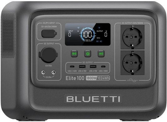 Power Station Bluetti Elite 100 V2 1800W,1024Wh, LiFePO4, 1800 W, 1024 Вт&middot;год, 2, AC, DC (сонячна панель/авто), USB-A &times; 2, автомобільна розетка &times; 1, USB-C &times; 2, DC5521 &times; 2, AC &times; 2, Elite 100 V2, 70 хв, 11,5 кг, 320 &times; 215 &times; 250 мм