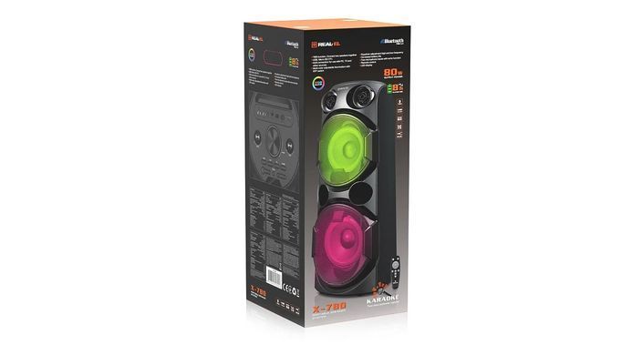 Акустична система REAL-EL X-780 Black, Black, Bluetooth, AUX, USB, microSD, Мікрофон, Акумулятор, 80 Вт, До 8 годин, TWS, Караоке, RGB-підсвічування, Еквалайзер, Дистанційне керування