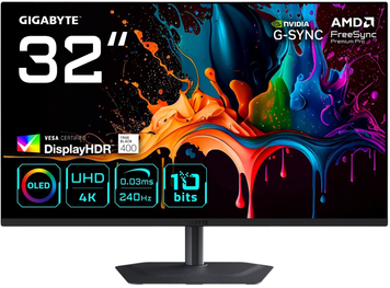 Монітор Gigabyte 31.5" Gaming MO32U2 QD-OLED Black 240Hz, Геймінг, 3840&times;2160, 31.5", 240 Гц, QD-OLED, QD-OLED, Gaming MO, 10 біт, 16:9, Кут нахилу 90 градусів; Регулювання кута нахилу; Регулювання висоти, Плаский, USB-C, HDMI, DisplayPort, 3.5 мм audio, USB Hub, 100&times;100, Матове, 0.03 мс