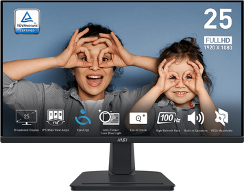 Монітор MSI 24.5" Pro MP251 IPS Black, Офіс, 1920&times;1080, 24.5", 100 Гц, IPS, W-LED, Pro MP, 8 біт, 16:9, Регулювання кута нахилу, Плаский, HDMI, DisplayPort, 3.5 мм audio, 100&times;100, Матове, 5 мс