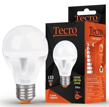 Лампа LED Tecro T2-A60-7W-3K-E27 7W 3000K E27, 220 В, 700 лм, LED, 1