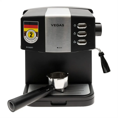 Ріжкова Кавоварка Vegas VCM-9070B 850W Чорний, Індикатор рівня води, Капучинатор, Регулювання подачі пари, Знімний піддон для крапель, Одночасне приготування 2 чашок, Пластик + метал, 1.5 л, Немає, Еспресо, Капучино, Лате