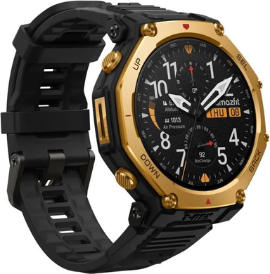 Смарт Годинник Amazfit T-Rex 3 Pro 44mm Black Gold, 140-205 мм, 1.32", Моніторинг стресу, Температура тіла, Альтиметр, Моніторинг сну, Підрахунок кроків, T-Rex 3 Pro, iOS + Android, 14+ днів, AMOLED, Bluetooth, GPS, Wi-Fi, Магнітна зарядка, ЧСС, SpO2, Температура, Акселерометр, Гіроскоп, Барометр, Кругла, 10 ATM