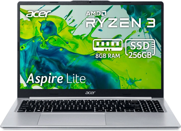 Ноутбук Acer Aspire Lite AL15-46P-R7PX (NX.JXTEU.001) Silver, Aspire Lite, Офіс, Навчання, Ryzen 3 5400U, AMD Ryzen 3, 4, SSD, 256 ГБ, Інтегрована, AMD Radeon Graphics, Інтегрована, DDR4, 8 ГБ, 3200 МГц, 15.6", 1920&times;1080, IPS, 250 ніт, 60 Гц, USB-A; USB-A; USB-C; USB-C; HDMI; LAN, 58 Вт&middot;год