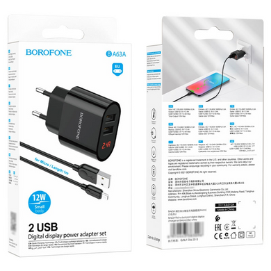 МЗП Borofone BA63A Display 2.4A/2USB + Cable MicroUSB Black