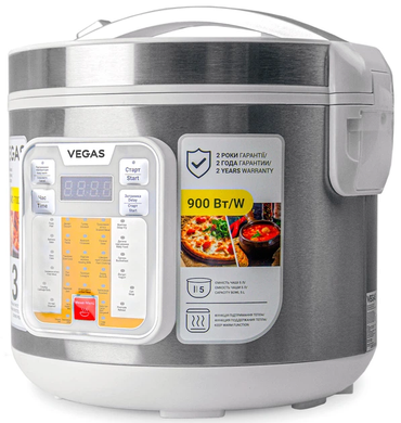 Мультиварка Vegas VMC-7007W 860W Білий/Срібляста, 5 л, 860 Вт, Таймер, Антипригарне покриття, Дисплей, Відкладений старт, Регулювання температури, Приготування на парі, Підтримання тепла, Електронне керування, 42 програми
