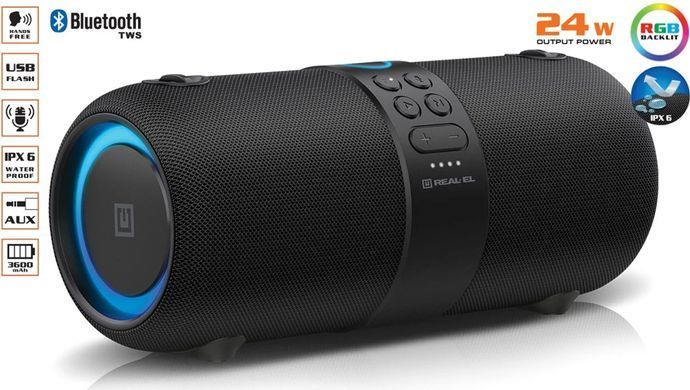 Акустична система REAL-EL X-735 Black, Black, Bluetooth, AUX, USB, Акумулятор, 24 Вт, Не заявлено, TWS, Вбудований мікрофон, Голосовий помічник, RGB-підсвічування, IPX6