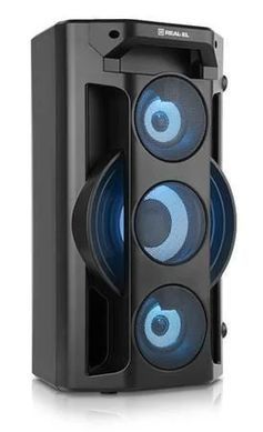 Акустична система REAL-EL X-777 Black, Black, Bluetooth, AUX, USB, microSD, Акумулятор, 65 Вт, Не заявлено, TWS, FM-радіо, LED-дисплей, RGB-підсвічування, Еквалайзер, Дистанційне керування