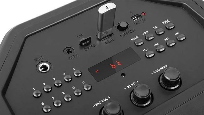 Акустична система REAL-EL X-777 Black, Black, Bluetooth, AUX, USB, microSD, Акумулятор, 65 Вт, Не заявлено, TWS, FM-радіо, LED-дисплей, RGB-підсвічування, Еквалайзер, Дистанційне керування