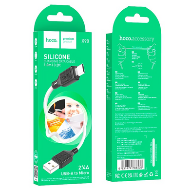 Кабель Hoco X90 MicroUSB 1m Black, White, Кабель, USB-A - MicroUSB, Standard Charging, Fast Charge, 1 м, Для заряджання, Датакабель, М'який пластик