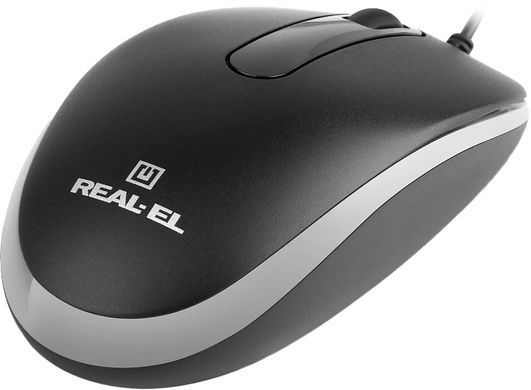 Миша REAL-EL RM-217 Black, Black, Офісна, Дротова, 4, USB, 1000, 1.50 м, Пластик, 112 &times; 55 &times; 35 мм, Симетричний, Оптичний