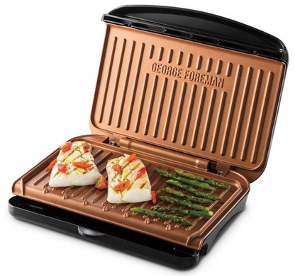 Електрогриль George Foreman 25811-56 1630W Black/Copper, 511 см&sup2;, 1630 Вт, Контактний гриль, Приготування м&rsquo;яса, овочів і паніні, Антипригарні мідні пластини, Плаваюча верхня пластина, Регульована задня ніжка, Піддон для жиру
