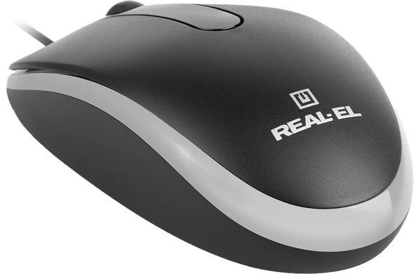 Миша REAL-EL RM-215 Black, Black, Офісна, Дротова, 4, USB, 1000, 1.50 м, Пластик, 112 &times; 55 &times; 35 мм, Симетричний, Оптичний