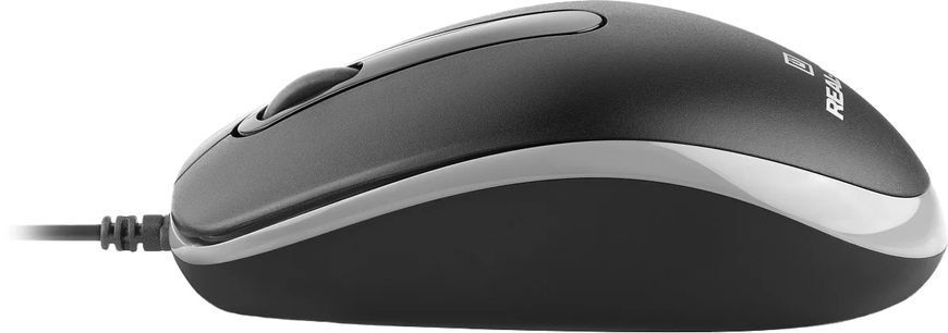 Миша REAL-EL RM-215 Black, Black, Офісна, Дротова, 4, USB, 1000, 1.50 м, Пластик, 112 &times; 55 &times; 35 мм, Симетричний, Оптичний