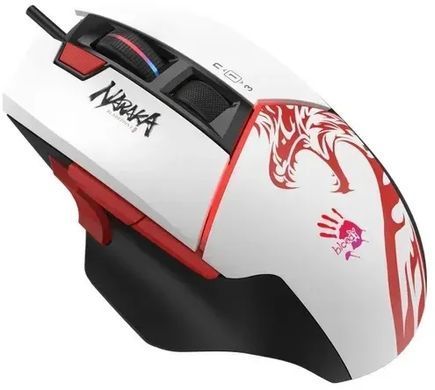 Миша Bloody W95 Ultra Naraka, Red/White, Ігрова, Дротова, 10, USB, 12000, 1.80 м, Пластик, 135 &times; 77 &times; 43 мм, Ергономічний для правої руки, Оптичний