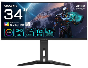 Монітор Gigabyte 34" MO34WQC OLED Black 175Hz Curved, Геймінг, 3440&times;1440, 34", 175 Гц, OLED, OLED, Gaming MO, 10 біт, 21:9, Кут нахилу 90 градусів; Регулювання кута нахилу; Регулювання висоти, Вигнутий, USB-C, HDMI, DisplayPort, 3.5 мм audio, USB Hub, 100&times;100, Матове, 0.03 мс