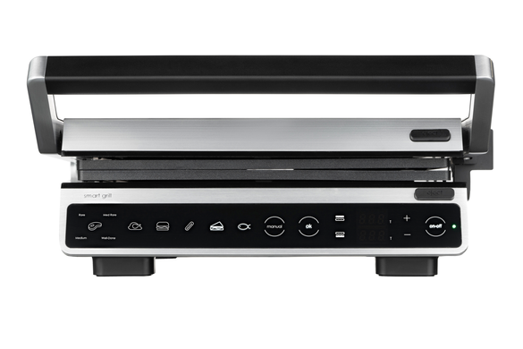 Електрогриль Ardesto GK-STC20 2000W Black/Silver, 2 робочі поверхні, 2000 Вт, Контактний гриль, Режим барбекю, 6 автоматичних програм, Ручний режим, Сенсорне керування, Знімні антипригарні пластини, Автовизначення товщини продукту, Розкриття на 180&deg;