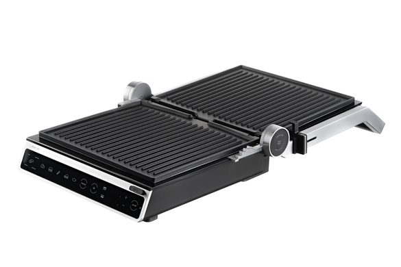 Електрогриль Ardesto GK-STC20 2000W Black/Silver, 2 робочі поверхні, 2000 Вт, Контактний гриль, Режим барбекю, 6 автоматичних програм, Ручний режим, Сенсорне керування, Знімні антипригарні пластини, Автовизначення товщини продукту, Розкриття на 180&deg;