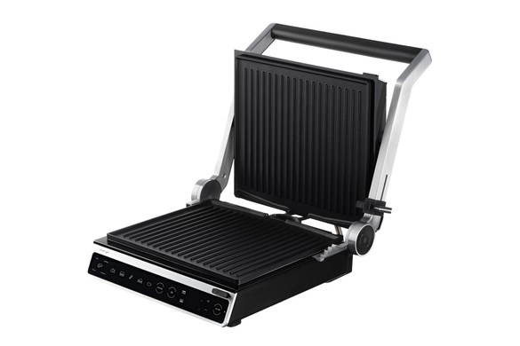 Електрогриль Ardesto GK-STC20 2000W Black/Silver, 2 робочі поверхні, 2000 Вт, Контактний гриль, Режим барбекю, 6 автоматичних програм, Ручний режим, Сенсорне керування, Знімні антипригарні пластини, Автовизначення товщини продукту, Розкриття на 180&deg;
