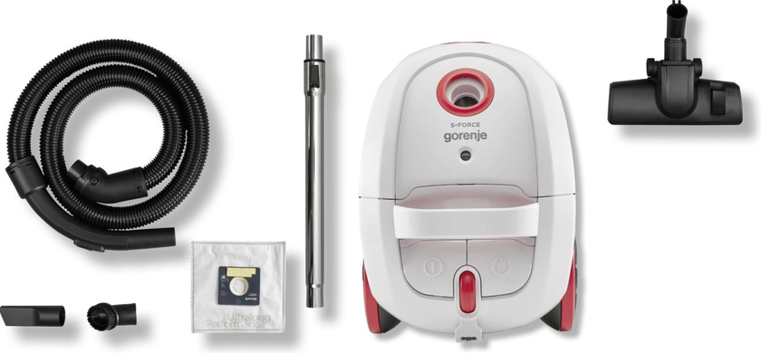 Пилосос мішковий Gorenje VCE21SFWR Black/White, Мішок, Суха, 2100 Вт, Підлогова щітка, Щілинна насадка, Насадка для меблів, 1, 3.0 л, HEPA, до 80 дБ