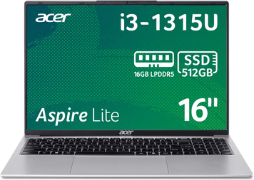 Ноутбук Acer Aspire Lite AL16-54P-302Y (NX.DK6EU.005) Silver, Aspire Lite, Офіс, Навчання, Core i3-1315U, Intel Core i3, 6, SSD, 512 ГБ, Інтегрована, Intel UHD Graphics, Інтегрована, DDR5, 16 ГБ, 4800 МГц, 16", 1920&times;1200, IPS, 250 ніт, 60 Гц, USB-A; USB-A; USB-C; HDMI; LAN, 58 Вт&middot;год
