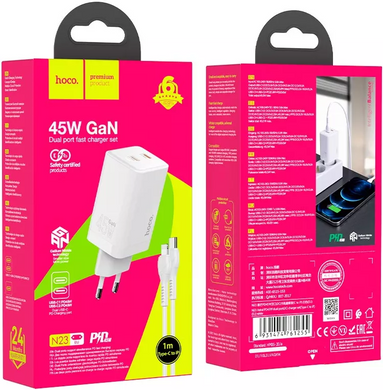МЗП Hoco N23 PD45W 2Type-C + Cable Type-C to Lightning White