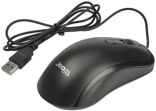 Миша Jedel CP82 Black, Black, Офісна, Дротова, 3, USB, 1200, 1.35 м, Пластик, 122 &times; 65 &times; 40 мм, Симетричний, Оптичний