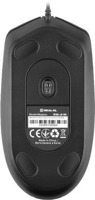 Миша REAL-EL RM-210 Black, Black, Офісна, Дротова, 3, USB, 1000, 1.50 м, Пластик, 115 &times; 55 &times; 38 мм, Симетричний, Оптичний