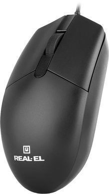 Миша REAL-EL RM-210 Black, Black, Офісна, Дротова, 3, USB, 1000, 1.50 м, Пластик, 115 &times; 55 &times; 38 мм, Симетричний, Оптичний