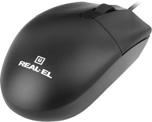 Миша REAL-EL RM-210 Black, Black, Офісна, Дротова, 3, USB, 1000, 1.50 м, Пластик, 115 &times; 55 &times; 38 мм, Симетричний, Оптичний