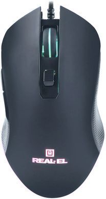 Миша REAL-EL RM-550 Black, Black, Офісна, Дротова, 7, USB, 3200, 1.80 м, Пластик, 130 &times; 72 &times; 40 мм, Ергономічний для правої руки, Оптичний
