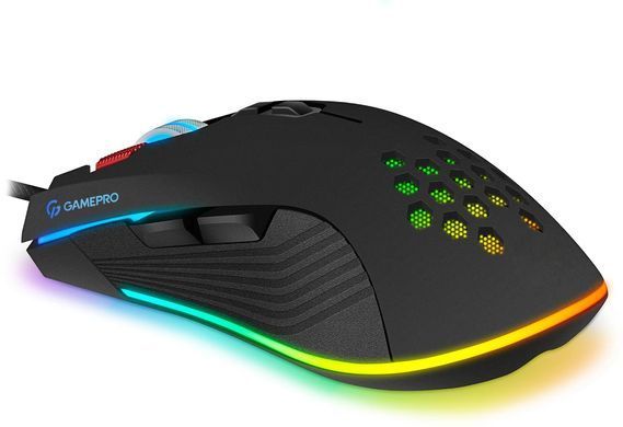 Миша GamePro GM543 Black, Black, Ігрова, Дротова, 8, USB, 6400, 1.50 м, Пластик, 130 &times; 68 &times; 45 мм, Ергономічний для правої руки, Оптичний