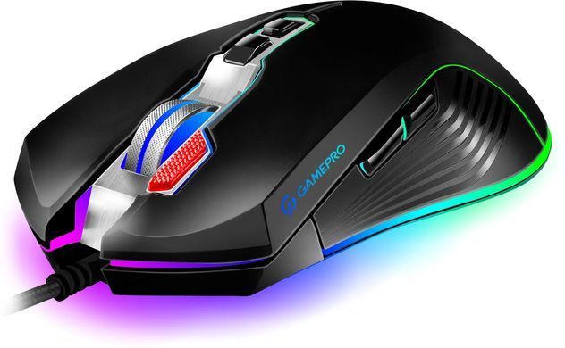 Миша GamePro GM543 Black, Black, Ігрова, Дротова, 8, USB, 6400, 1.50 м, Пластик, 130 &times; 68 &times; 45 мм, Ергономічний для правої руки, Оптичний