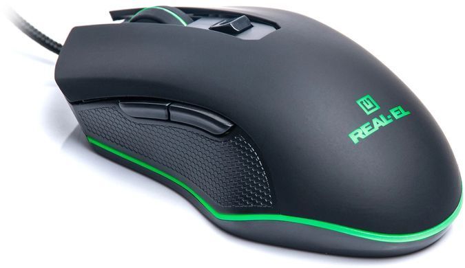 Миша REAL-EL RM-550 Black, Black, Офісна, Дротова, 7, USB, 3200, 1.80 м, Пластик, 130 &times; 72 &times; 40 мм, Ергономічний для правої руки, Оптичний