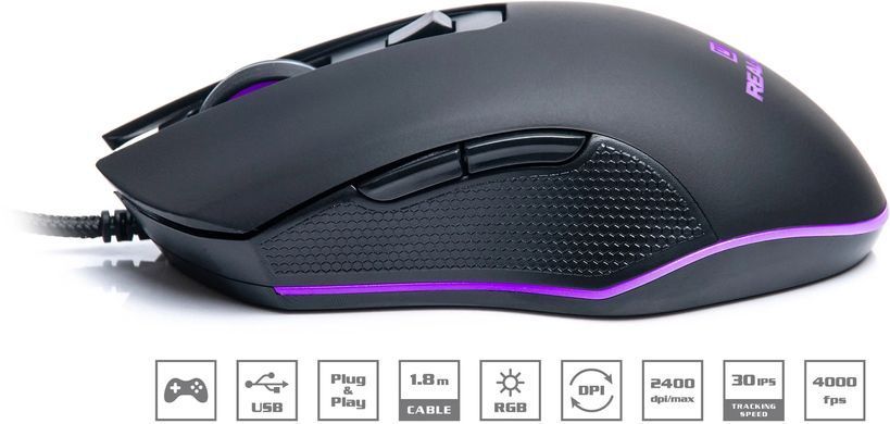 Миша REAL-EL RM-550 Black, Black, Офісна, Дротова, 7, USB, 3200, 1.80 м, Пластик, 130 &times; 72 &times; 40 мм, Ергономічний для правої руки, Оптичний