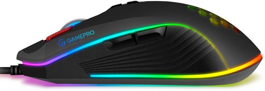 Миша GamePro GM543 Black, Black, Ігрова, Дротова, 8, USB, 6400, 1.50 м, Пластик, 130 &times; 68 &times; 45 мм, Ергономічний для правої руки, Оптичний