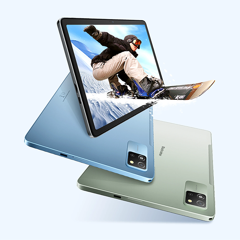 Планшет Blackview Tab 60 Pro: блакитна та оливкова моделі з імерсивним 10.1″ HD+ дисплеєм, що демонструє сноубордиста — планшет нового покоління.
